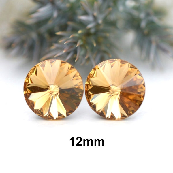 12mm Light Colorado Topaz Rivoli Stud Earrings, Light Brown Crystal Studs, I make these earrings with Premium Sparkling Crystals
