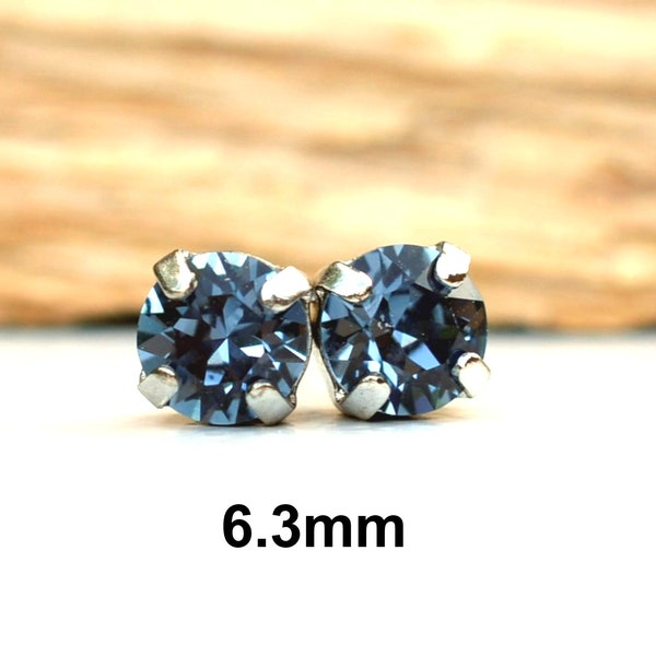 Denim Blue Studs, 6.3mm Earrings, Studs in Settings, Blue Crystal Earrings, Handcrafted with Premium Sparkling Crystals