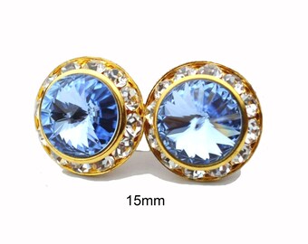 Light Sapphire & Gold Halo Studs, 15mm Light Blue Crystal Studs