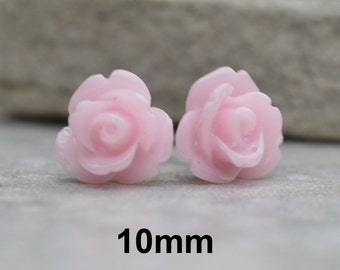 Light Pink Studs, Rose Studs, Pink Earrings, Acrylic Rose Studs, Resin Rose Earring, Pink Rose Earrings, Handmade Earrings, 10mm Studs