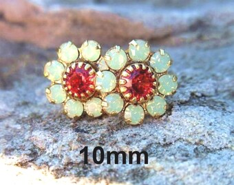 Chrysolite Opal and Indian Pink Studs, 10mm Austrian Crystal Earrings, Flower Cluster Rhinestone Studs, Green Opal Pink and Gold Studs