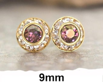 9mm Purple studs, Lilac Shadow & Gold Earrings, Rhinestone Stud Earrings, Purple Halo Studs,