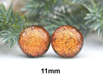 Orange 11mm Fused Glass earrings, handmade fused glass studs, dichroic glass studs, #310