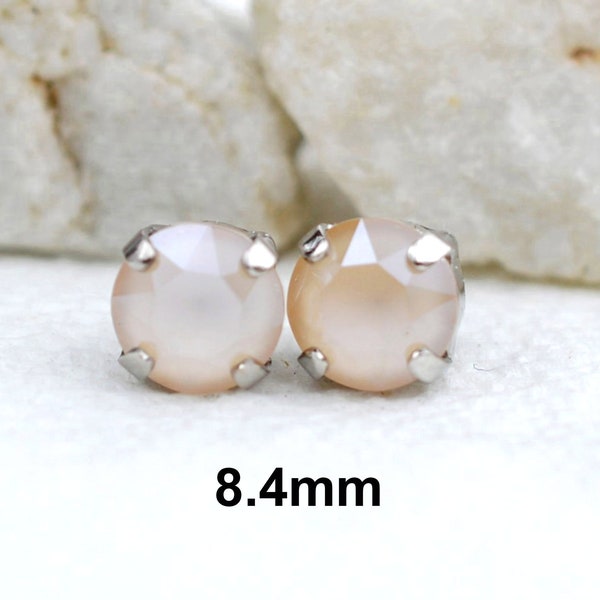 beige cream 8.4mm Stud Earrings, beige rhinestone earrings, crystal  Studs in settings, surgical steel studs