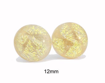 Cream and Gold Fused Glass earrings, 12mm handmade fused glass studs, #2048