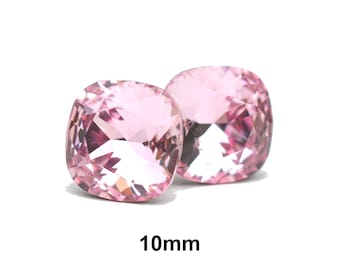 10mm Light Rose cushion cut studs, Rhinestone Stud Earrings, Light Pink Crystal Studs