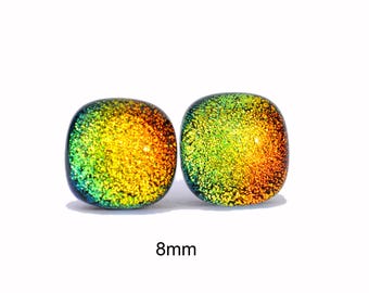 8mm square rainbow handmade fused glass studs, small dichroic glass studs, #2040