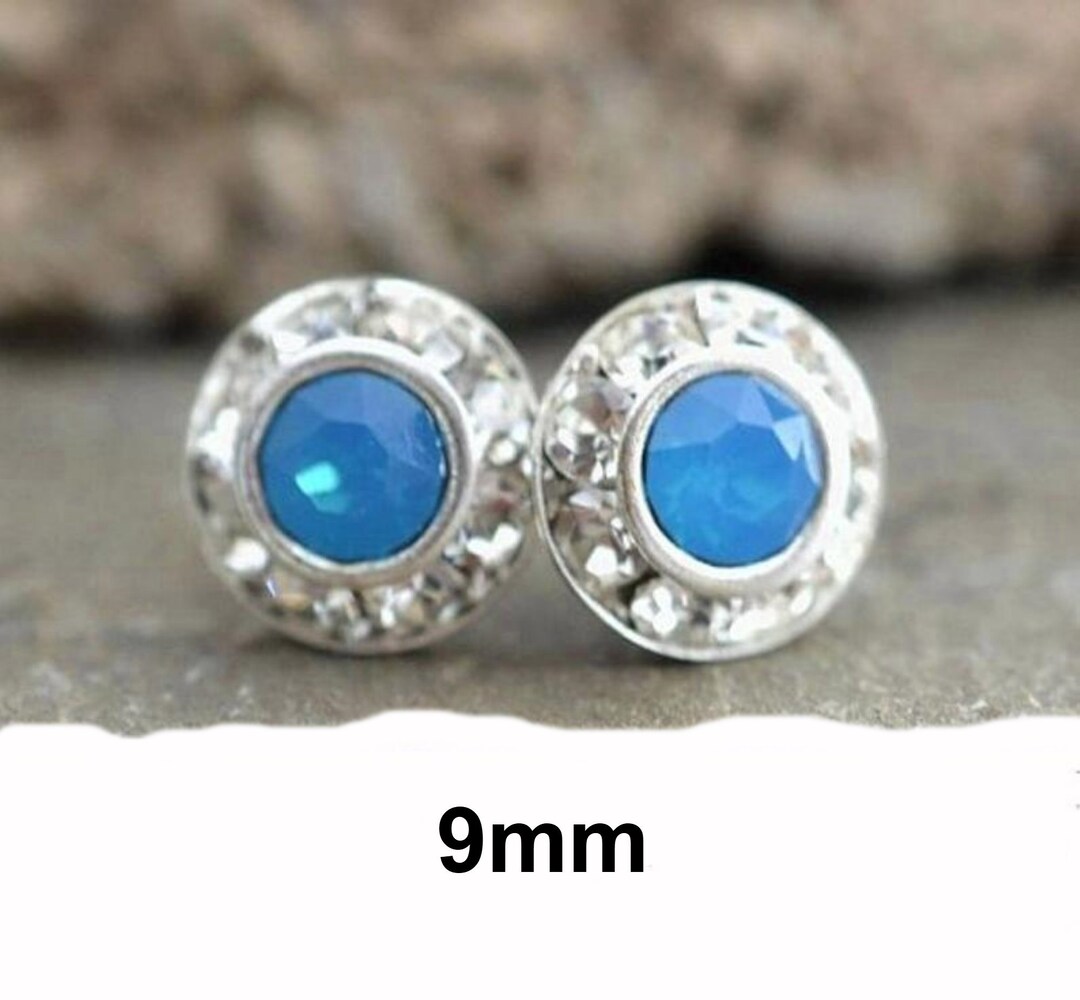 Boucles D'oreilles Dormeuses 'Bleu Halo' En Argent Plaqué Or Rose Avec Cristaux - Neuf Sans Emballage