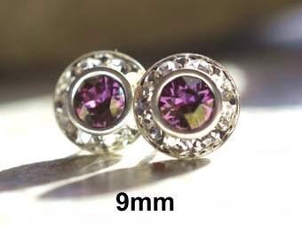 Lilac Shadow Rhinestone halo Studs,  9mm purple and Silver Crystal Earrings