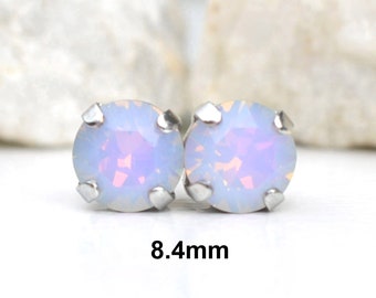 Dreamy Vitrail Studs in Settings, 8.4mm blue crystal earrings, Hypoallergenic Crystal Studs