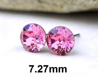 Rose Crystal Studs, 7.27mm Rhinestone Stud Earrings, Pink Crystal Stud Earrings