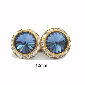 12mm Denim Blue Halo crystal studs, Blue & Gold Earrings, Blue Crystal Studs, Denim Blue Rhinestone Studs