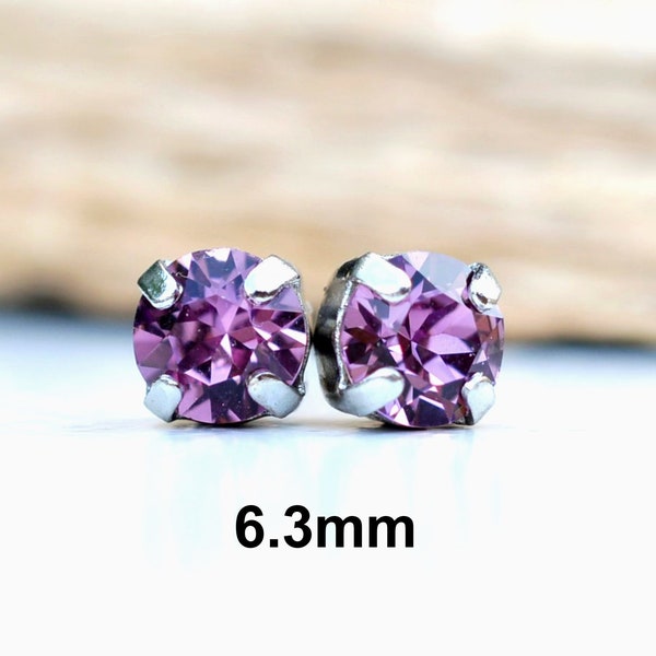 Iris Studs, 6.3mm rhinestone Earrings, Studs in Settings, Purple Crystal Earrings