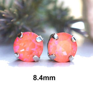 Ultra Coral Reef AB crystal earrings, 8.4mm coral crystal studs, crystal studs in settings