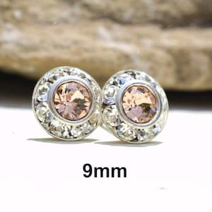 Light Peach Silver Rhinestone Earrings, 9mm Peach Crystal Studs, Bridesmaid Crystal Earrings, Wedding Studs