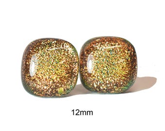 Copper dichroic glass studs, 12mm square fused glass earrings, #634