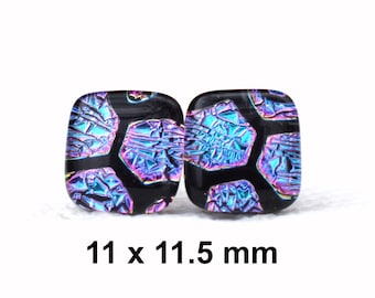 Blue and Pink octagon fused glass studs, one of a kind earrings, 12mm patterned dichroic glass studs, #449