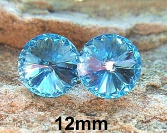 Aquamarine Studs, 12mm Earrings, Rivoli Stud Earrings, Large Rhinestone Studs, March Birthstone, Big Aqua Stud Earrings