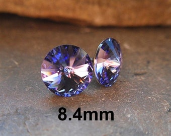 Tanzanite Rhinestone Studs, Tanzanite Crystal Studs, 8.4mm Purple Crystal Rivoli Studs, Small Purple Stud Earrings