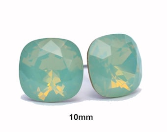 Pacific Opal cushion cut crystal earrings, 10mm Opal rounded corner square rhinestone Studs, Large Opal Earrings, rostone