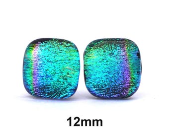 Blue Green Rainbow Dichroic Glass Studs, 12mm Square fused glass earrings, #496, one-of-a-kind studs