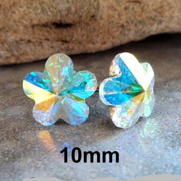 10mm Aurore Boreale  Flower Rhinestone Stud Earrings, AB Crystal Flower Studs, Color changing Studs