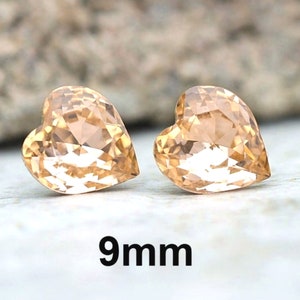 Light Peach Earrings, 9mm Crystal Studs, Peach Heart Studs, Rhinestone Earrings, Crystal Heart Studs, Peach heart earrings, rostone