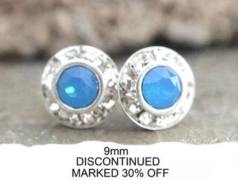 Caribbean Blue Opal and Silver Halo Studs, 9mm Rhinestone Earrings, Blue Opal Studs