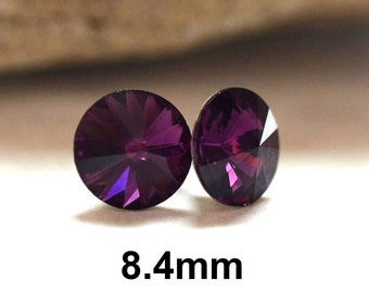 Amethyst Rivoli Rhinestone Stud Earrings, Purple Crystal Studs, 8.4mm Stud Earrings