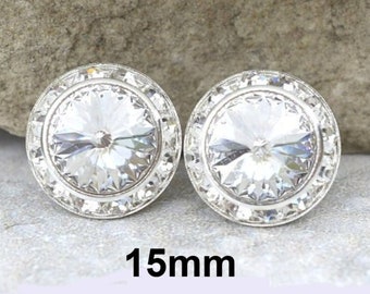 15mm Crystal and Silver Halo Studs, Surrounds Rhinestone Earrings, Large dance earrings, Handmade Wedding Earrings