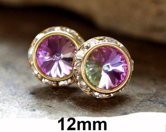 12mm Vitrail Light & Gold Surrounds Rhinestone Stud Earrings, Vitrail Light Crystal Studs, Large Color Changing Stud Earrings