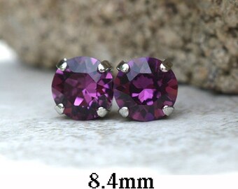 Amethyst Studs Crystal Studs, 8.4mm Stud Earrings, Rhinestone Studs in Settings, Purple Studs