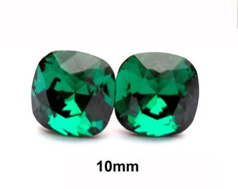 Emerald cushion cut Crystal Earrings, 10mm Emerald Crystal Studs, May Birthstone