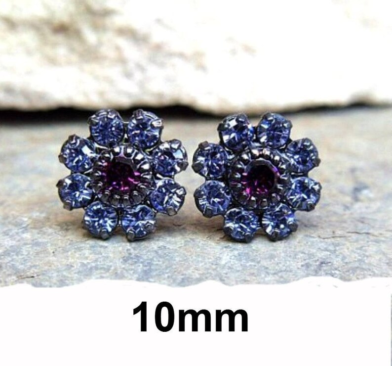 Crystal Cluster Studs Lavender Amethyst Studs Gunmetal Studs Flower Cluster Earrings Rhinestone Studs 10mm studs