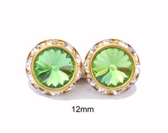 12mm Peridot and Gold Halo Earrings, Peridot Crystal Flat Back Studs, August Birthstone Earrings-