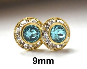 9mm Light Turquoise & Gold Halo Rhinestone Stud Earrings, Light Turquoise surrounds Crystal Stud Earrings
