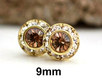 9mm Light Colorado Topaz Gold Halo Crystal Earrings, Light Brown Rhinestone surrounds Studs, Flat Back Studs