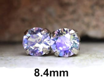 Violet Aurore Boreale 8.4mm Crystal Stud Earrings, rhinestone Studs in Settings