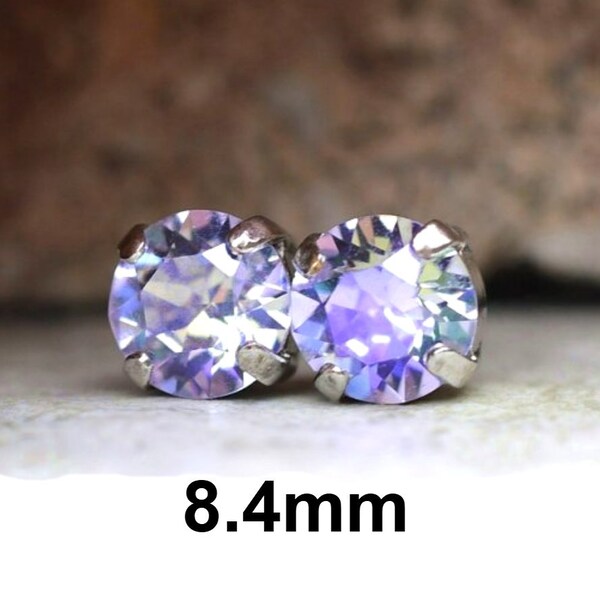 Violet Aurore Boreale 8.4mm Crystal Stud Earrings, rhinestone Studs in Settings