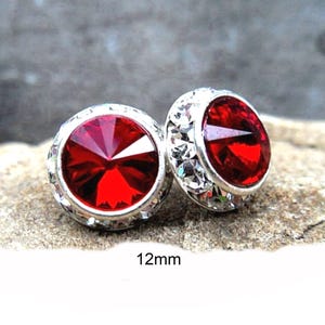 Silver Siam Halo Studs, Rivoli crystal Studs, Large Deep Red Studs, 12mm Crystal Earrings, Flat Back Studs