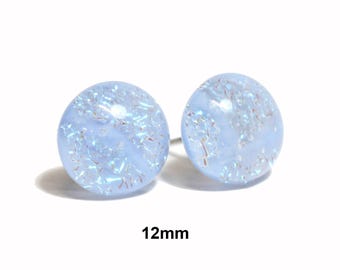 Light blue opal stud earrings, 12mm fused glass studs, Blue dichroic earrings, #560