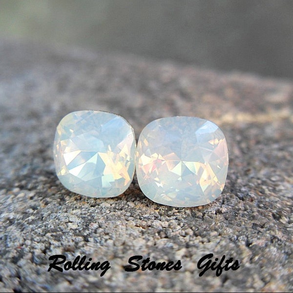 White Opal 8mm Swarovski Rounded Corner Square Rhinestone Stud Earrings-Crystal Studs-Bridal Studs-Opal Studs