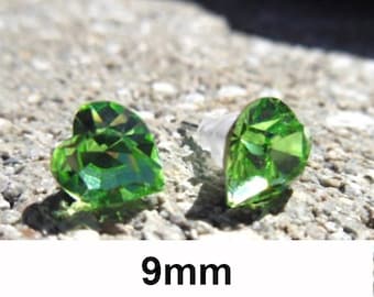 Peridot Heart Studs, Green Heart Earrings, 9mm Studs, Rhinestone Earrings, August Studs, Hypo-allergenic Studs