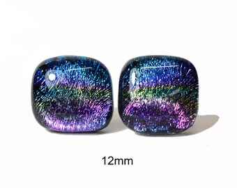 Rainbow Dichroic Glass Studs, 12mm Square fused glass earrings, #628, one-of-a-kind studs