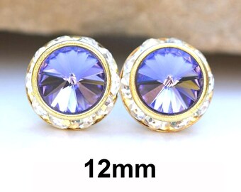 12mm Tanzanite Halo Studs, Gold Rhinestone Studs, Purple Crystal Studs, Tanzanite and Gold Studs, Hypoallergenic Studs
