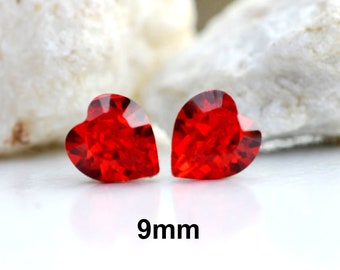 Red Heart Earrings, Light Siam Rhinestone Stud Earrings, 9mm Bright Red Crystal Heart Studs, Rhinestone Heart Studs