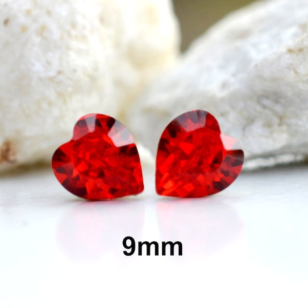 Red Heart Earrings, Light Siam Rhinestone Stud Earrings, 9mm Bright Red Crystal Heart Studs, Rhinestone Heart Studs