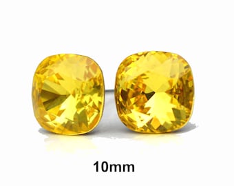 Light Topaz cushion cut Square crystal Stud Earrings, 10mm Yellow Crystal Studs