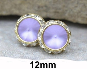 Matte Violet Studs, 12mm Gold Halo earrings, Purple Rhinestone Earrings, Violet Crystal Studs, Large Flat Back Studs