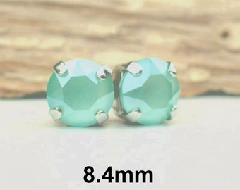 Mint Green Crystal Studs, Green rhinestone Earrings, 8.4mm Rhinestone Studs, Earrings in settings